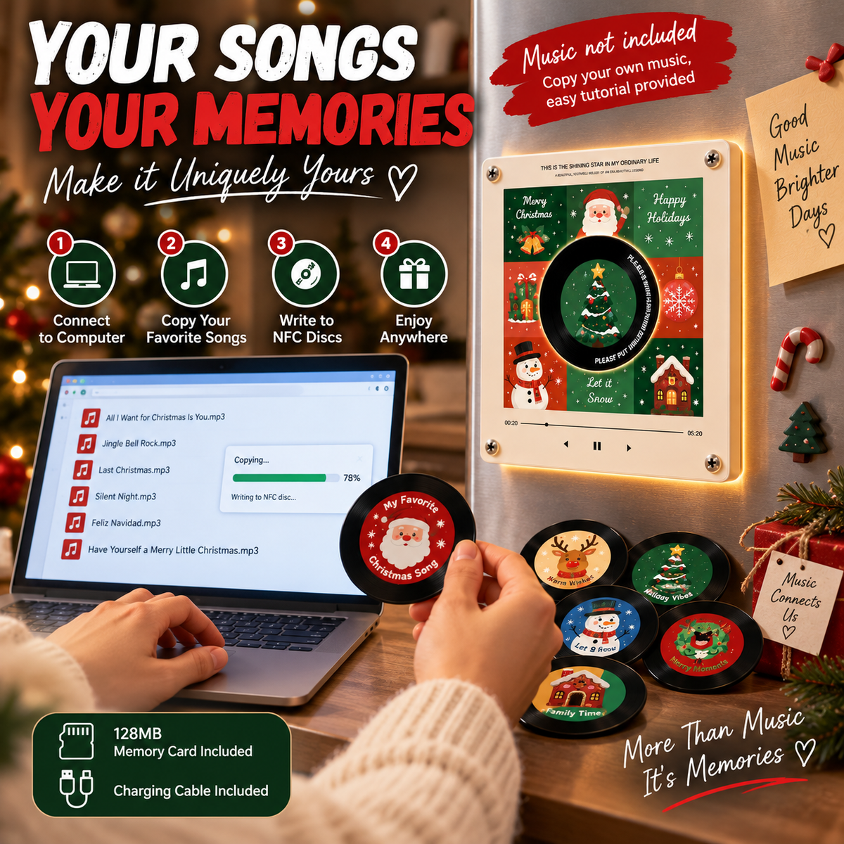 Christmas NFC Music Player Turn Your Fridge Into a Holiday Jukebox. with 9 Vinyl Style Discs and USB C