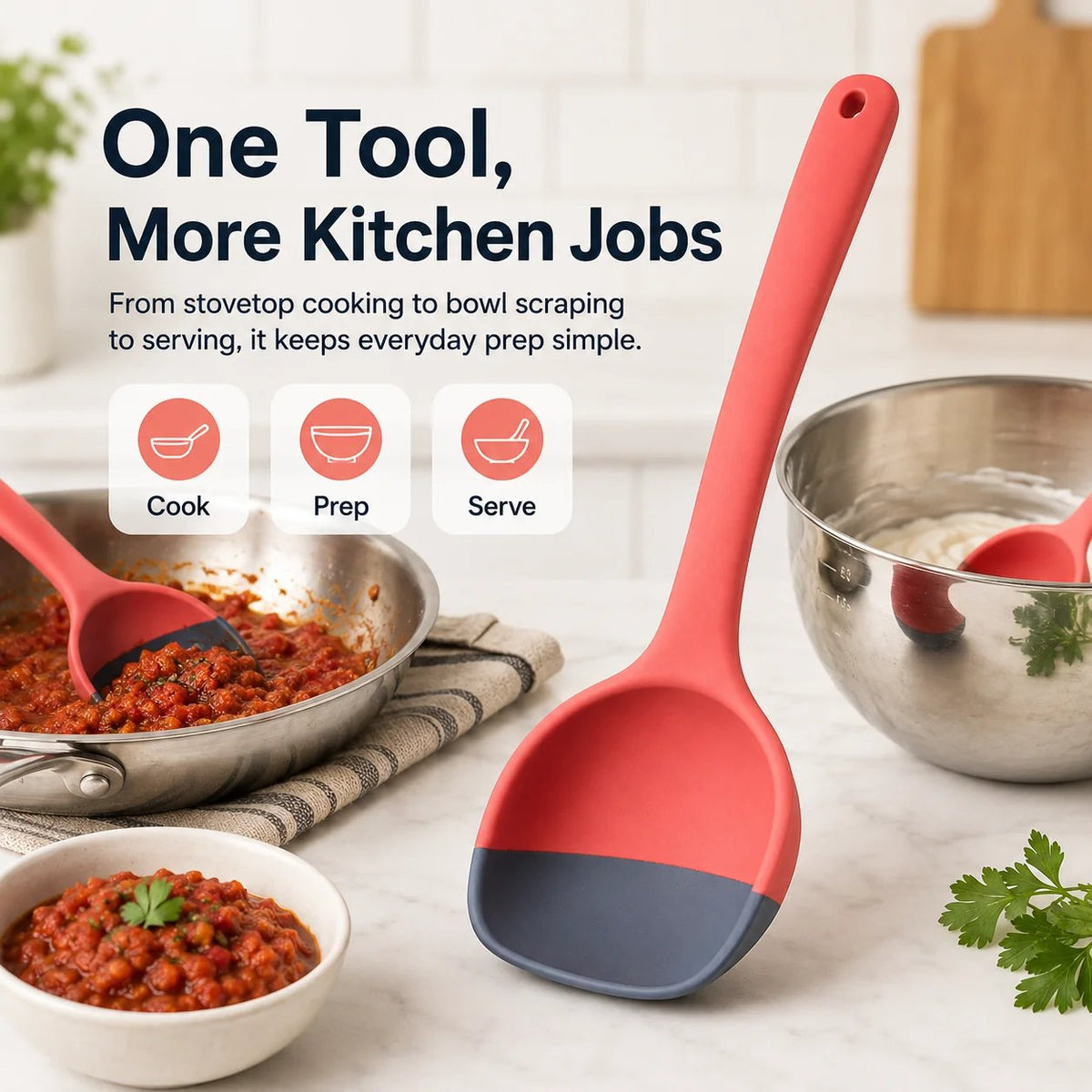 2-in-1 Silicone Scoop & Scraper Spoon Multi-Purpose Cooking & Serving Utensil