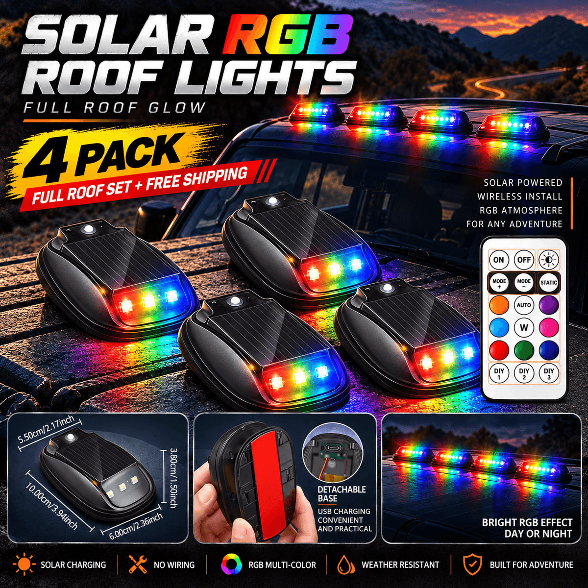 Solar RGB Roof Lights with Wireless Remote, Waterproof Design & Easy Install