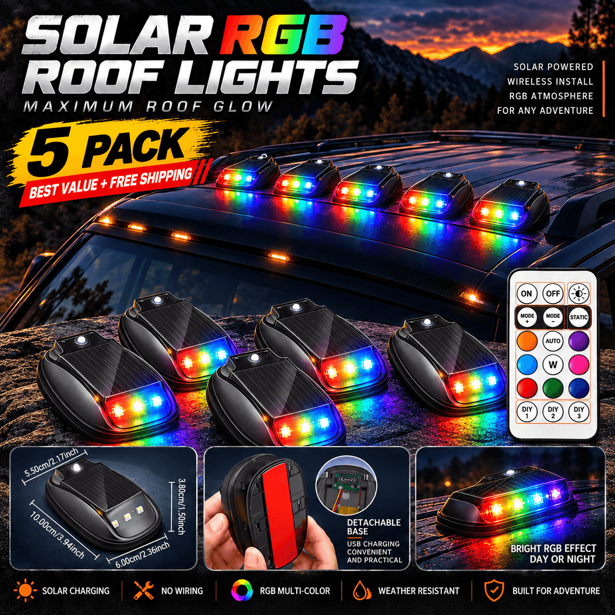 Solar RGB Roof Lights with Wireless Remote, Waterproof Design & Easy Install