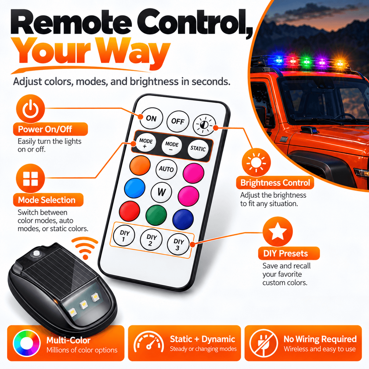Solar RGB Roof Lights with Wireless Remote, Waterproof Design & Easy Install