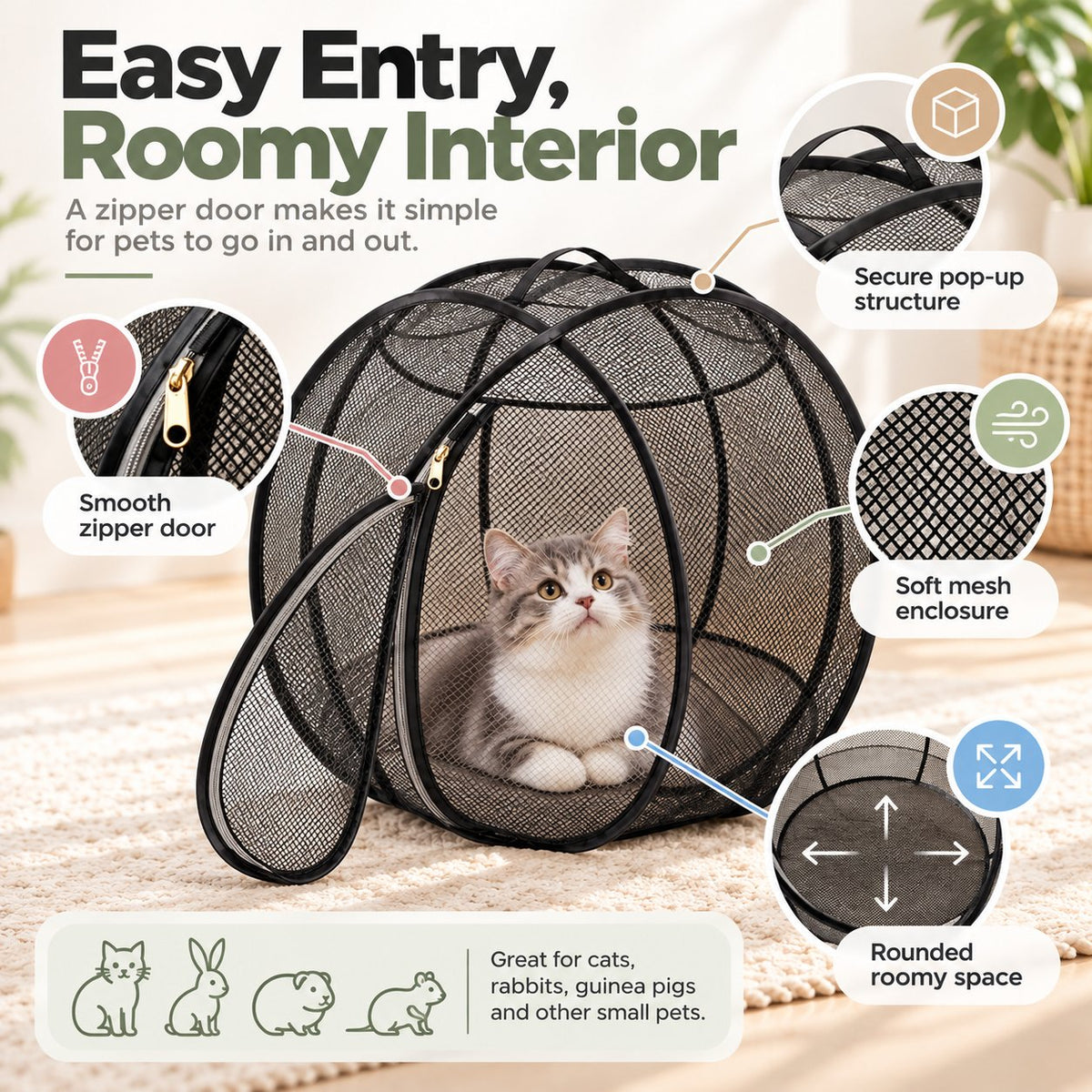 Portable Pet Playpen for Cats, Rabbits & Small Pets | Breathable Mesh