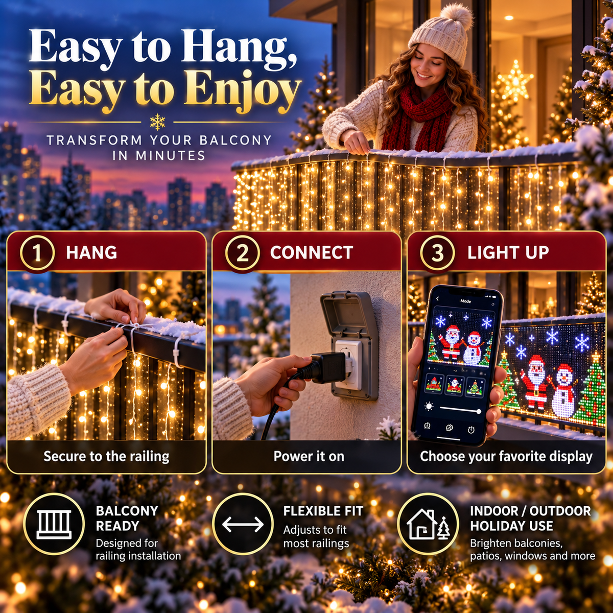 Smart RGB Pixel Curtain Lights App-Controlled Animated Holiday Display for Balcony & Window Decor-2m 2m