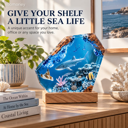 Ocean Scene Night Light Whale Shark Display with Wood-Grain Base