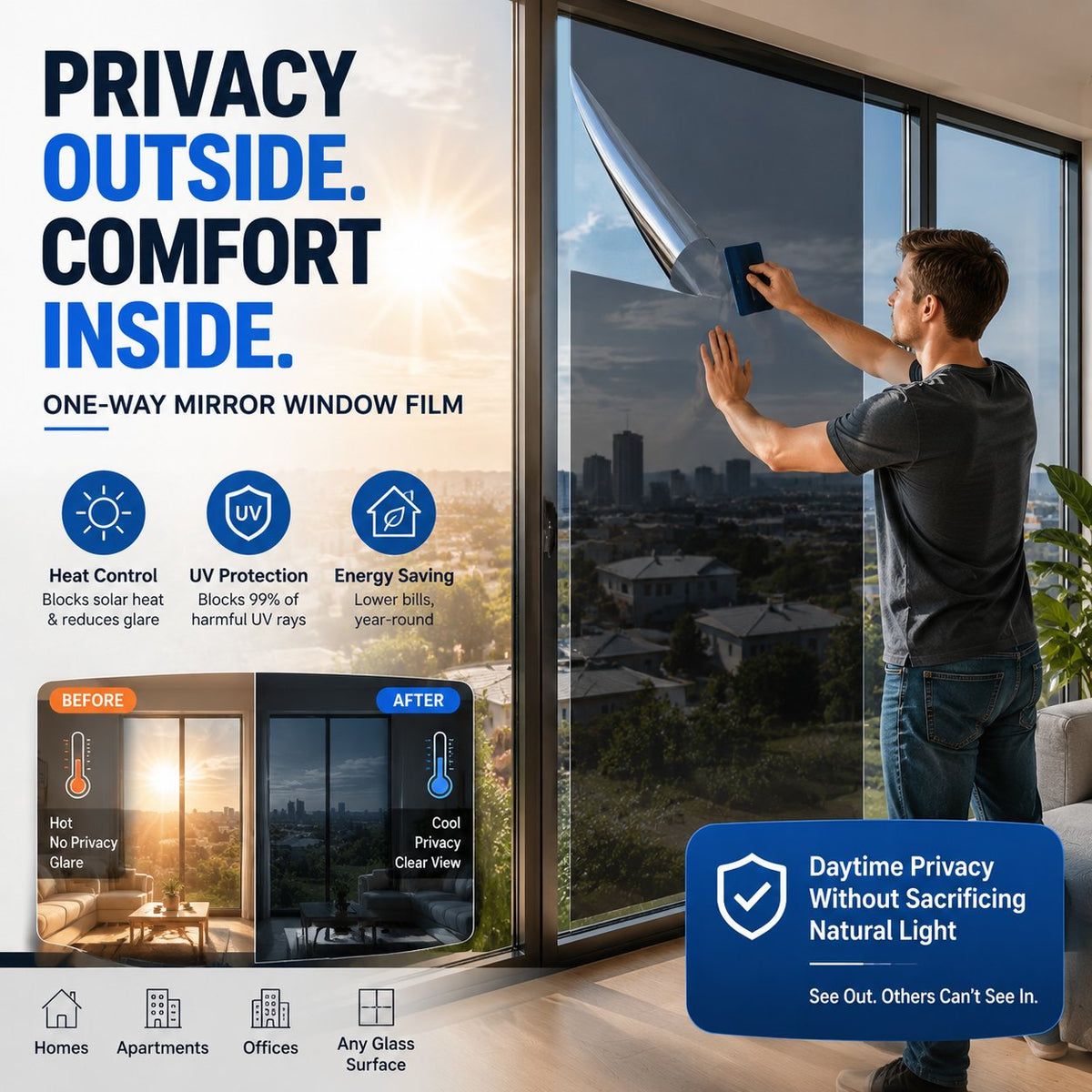 One-Way Privacy Window Film Daytime Mirror Effect, Heat Blocking & UV Protection