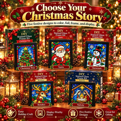 Beginner-Friendly Christmas Stained Glass-Style Frame Kit | 8 Festive Designs with Pens, Foil & Frame