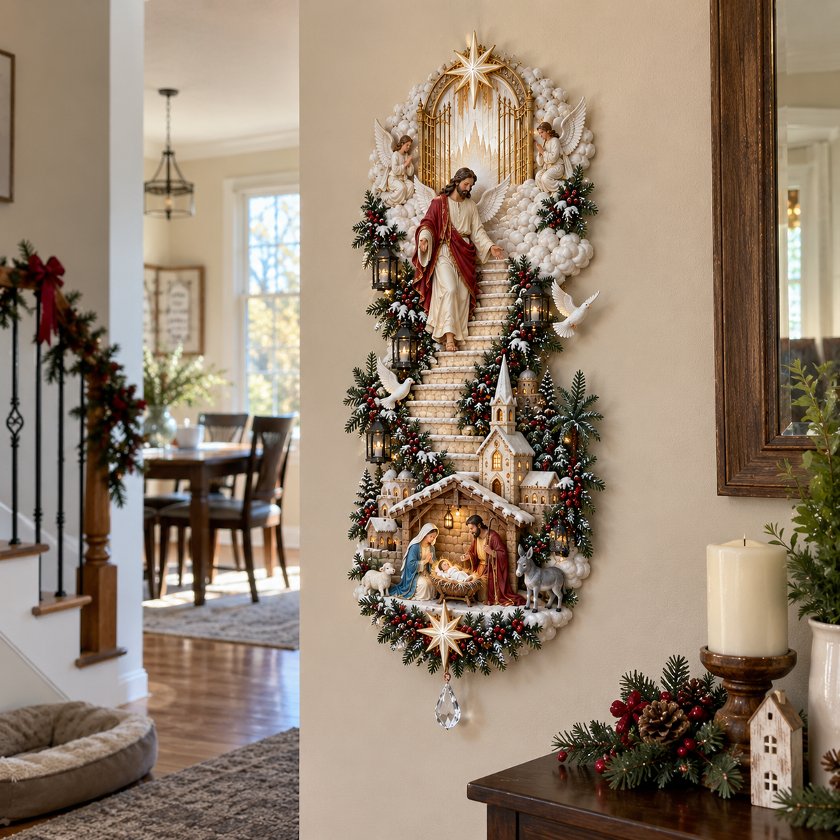 Jesus Light of Heaven Christmas Wall Hanging | Illuminated Nativity Stairway Decor