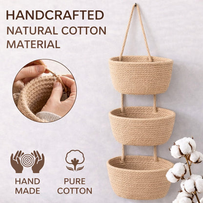 Woven cotton 3-Tier Over the Door Basket, Wall-Mounted Jute Storage Organizer