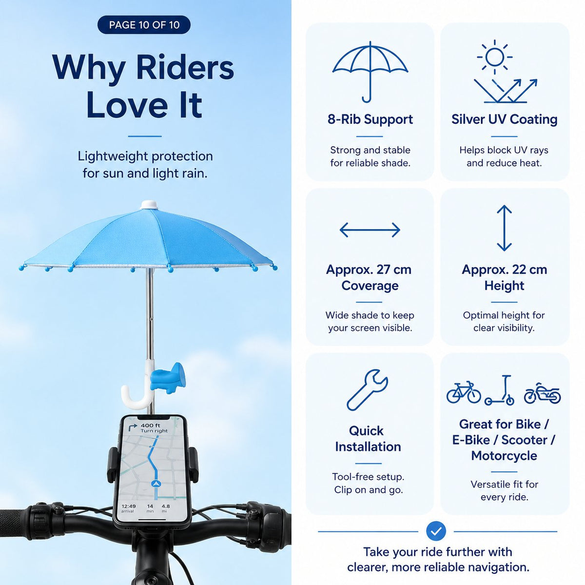Mini Sun/Rain Umbrella for Motorcycle & Bicycle Phone MountShade Your Screen. Save Your Battery