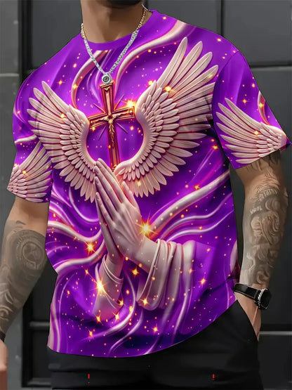 Men's Religious Angel Wings Cross 3D T-Shirt | Faith-Inspired Short Sleeve Summer Tee