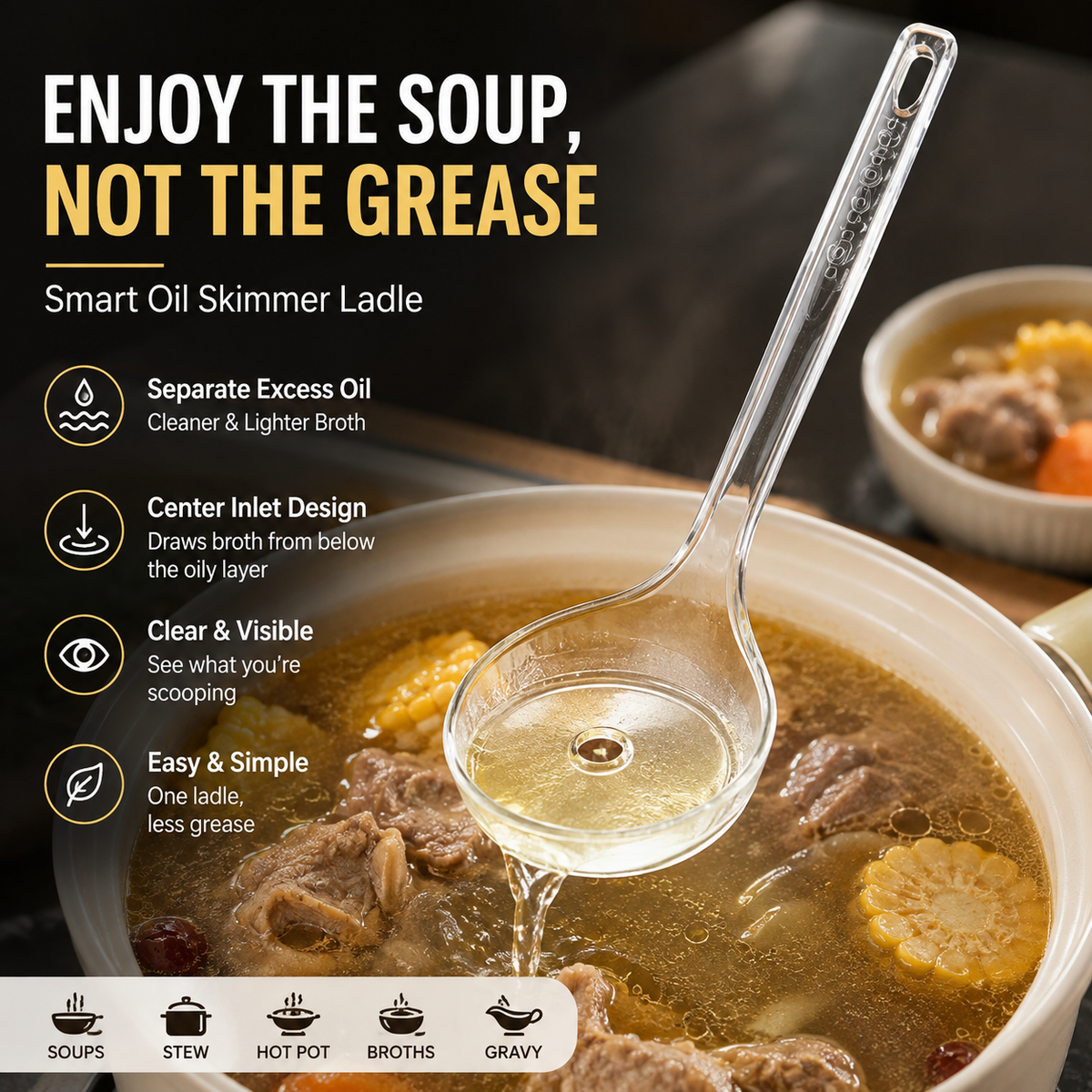 Fat Skimmer Ladle | Clear Oil Separator Spoon for Soup, Broth & Stew