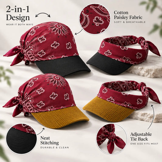 2-in-1 Vintage Paisley Bandana Sun Visor Cap for Cycling, Hiking, Beach, Travel