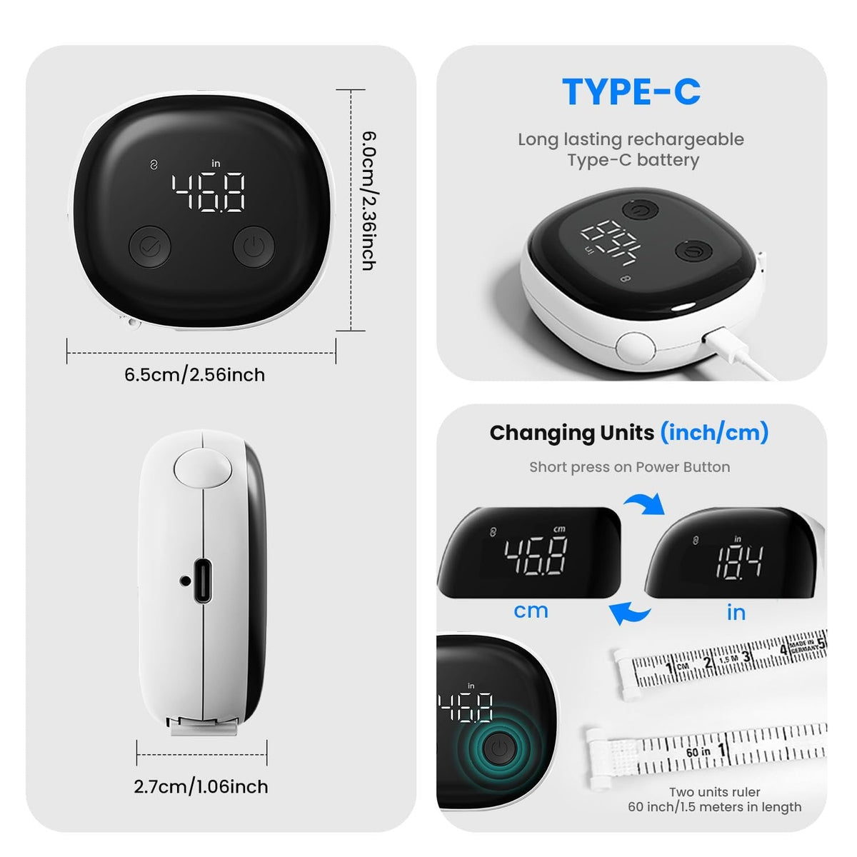 Smart Bluetooth-Enabled Digital Measuring Tape for Body Measurements (Waist, Chest, Thighs, etc.) Rechargeable