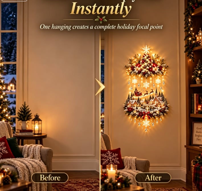 Illuminated Christmas Tree & Village Wall Hanging | Cascading Warm Lights for Living Rooms, Entryways & Staircases 63CM
