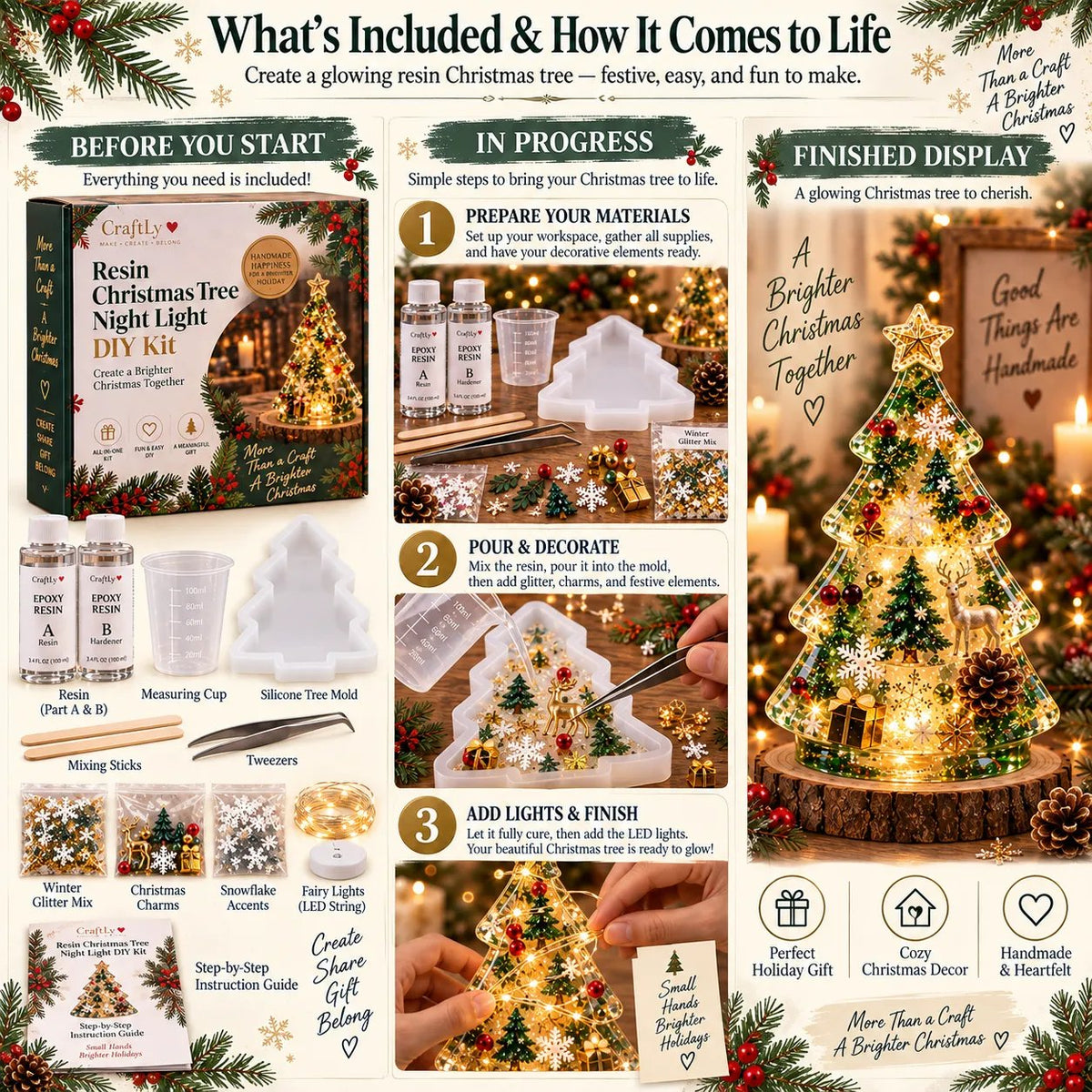 Beginner-Friendly Resin Christmas Tree Night Light DIY Kit | Complete Kit with Mold, Resin