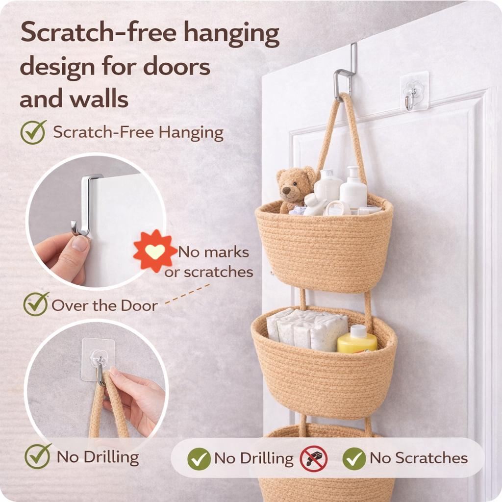 Woven cotton 3-Tier Over the Door Basket, Wall-Mounted Jute Storage Organizer