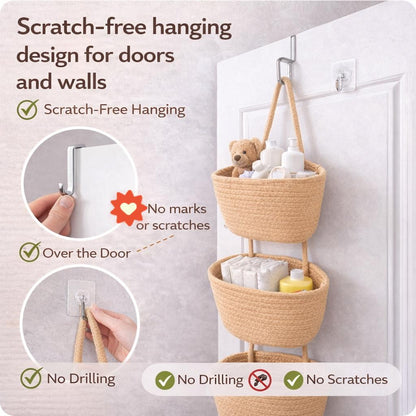 Woven cotton 3-Tier Over the Door Basket, Wall-Mounted Jute Storage Organizer