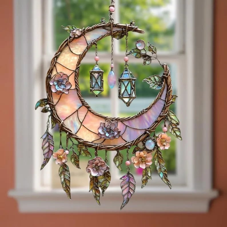 Hand-Painted Moon and Floral Window Decor