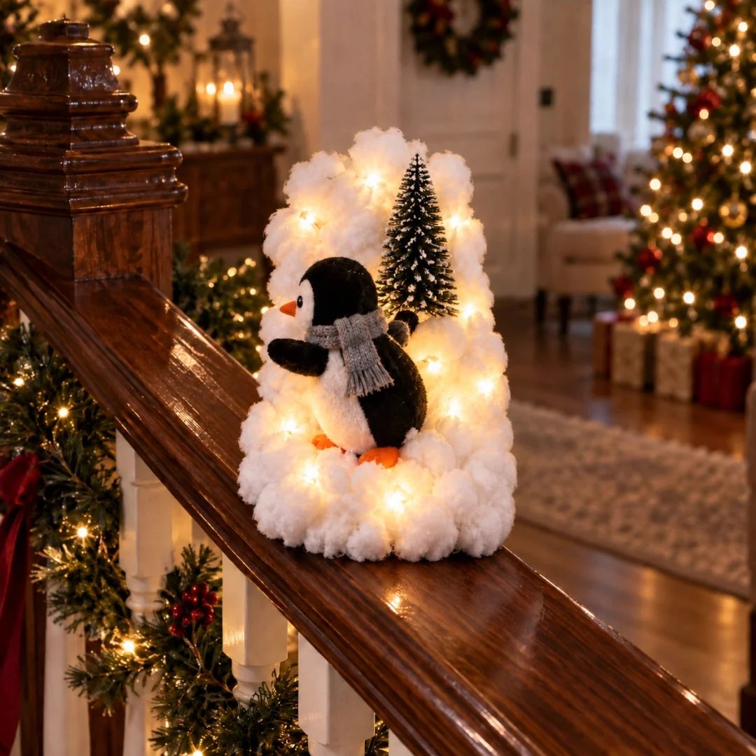 Penguin Christmas Stair Snow Decor | A Cozy Penguin Christmas Story