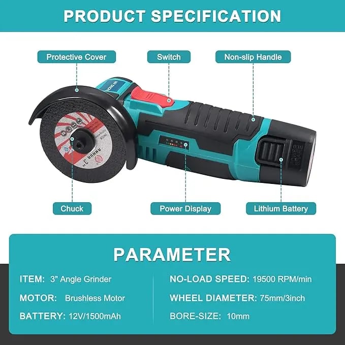 Cordless Mini Angle Grinder 19500RPM, 12V, Dual Battery, Compact & Powerful!