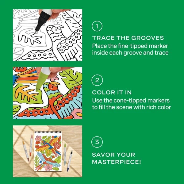 Trace-By-Groove Jungle Oasis Guided Flow Art Coloring Pad with Double-Sided Markers