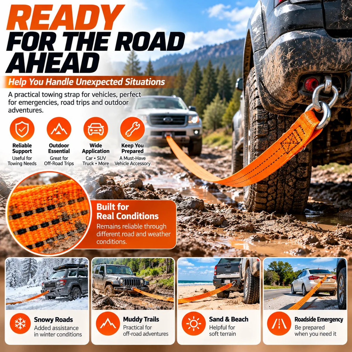 Heavy-Duty Tow Strap with Metal Hooks Thickened High-Strength Vehicle Towing Rope