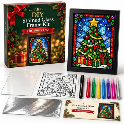 Beginner-Friendly Christmas Stained Glass-Style Frame Kit | 8 Festive Designs with Pens, Foil & Frame