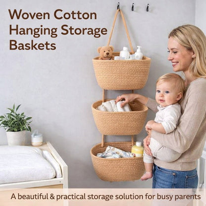 Woven cotton 3-Tier Over the Door Basket, Wall-Mounted Jute Storage Organizer