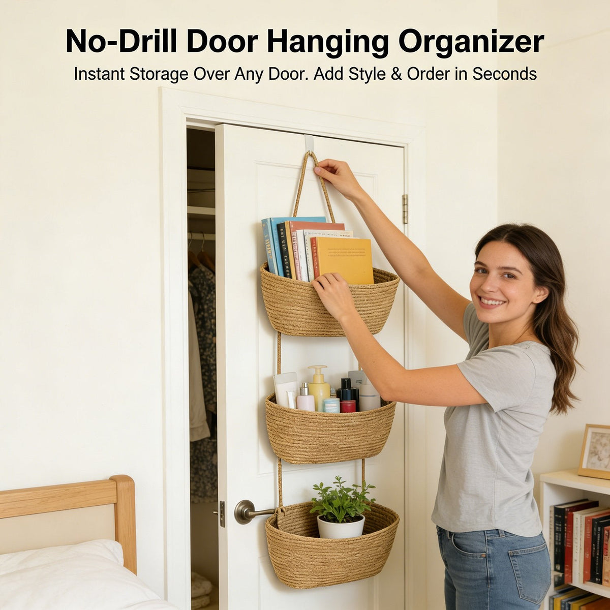 Woven cotton 3-Tier Over the Door Basket, Wall-Mounted Jute Storage Organizer