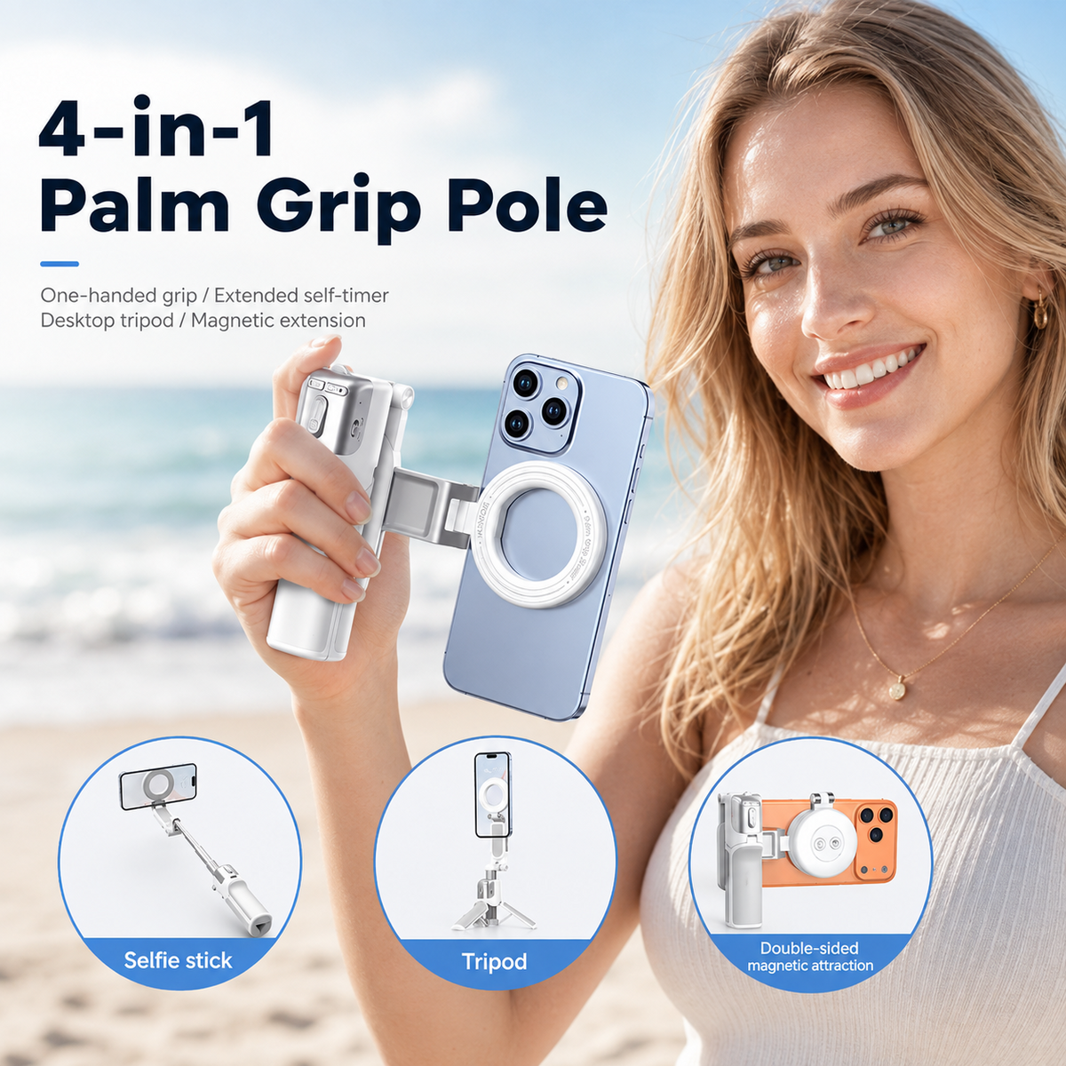 4-in-1 Magnetic Phone Camera Grip Selfie Stick, Tripod & Zoom Control