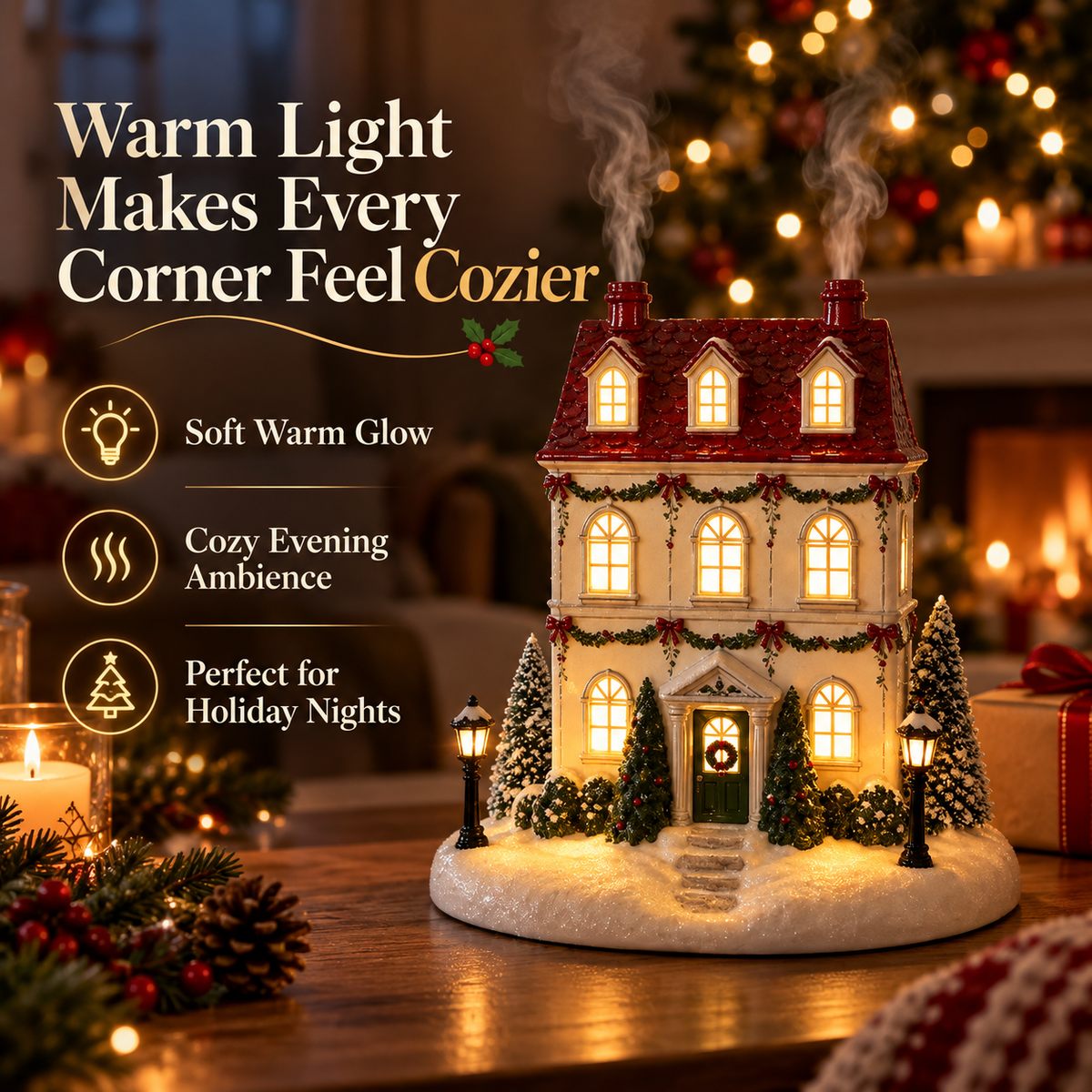 Lighted Christmas House Diffuser Cozy Holiday Cottage with Gentle Mist