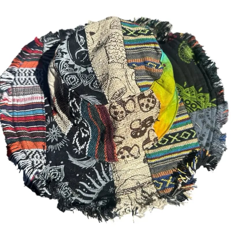 Frayed Patchwork Bucket Hat( Shapeable Brim One-of-a-Kind Style}