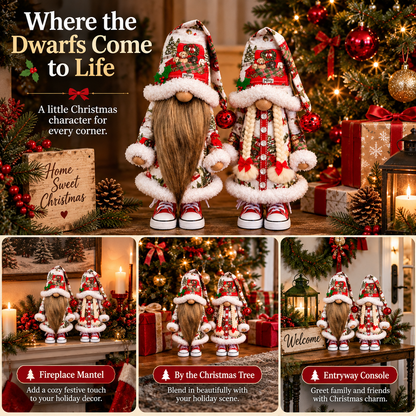 Festive Gnome Couple Figurines Bearded & Braided Hair