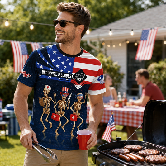 Funny Nurse Skeleton 4th of July Shirt Patriotic Scrub Life Tee for RN CNA LPN