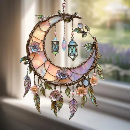 Hand-Painted Moon and Floral Window Decor