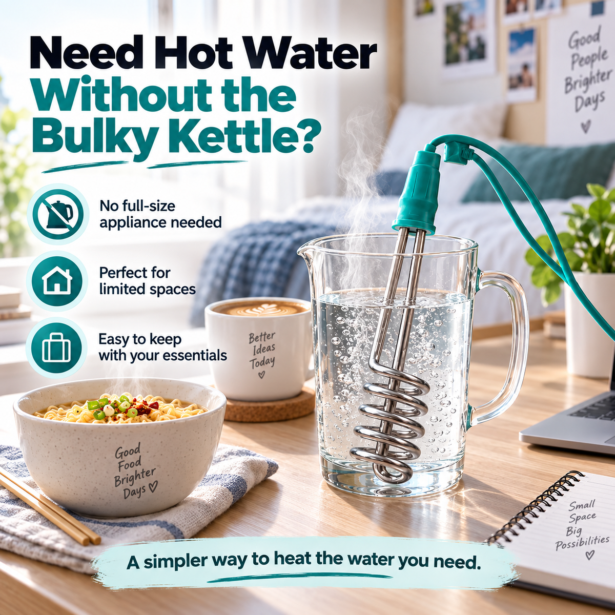 Portable Immersion Water Heater Compact Plug-In Design for Small Spaces