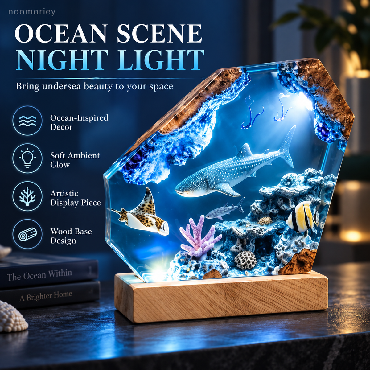 Ocean Scene Night Light Whale Shark Display with Wood-Grain Base