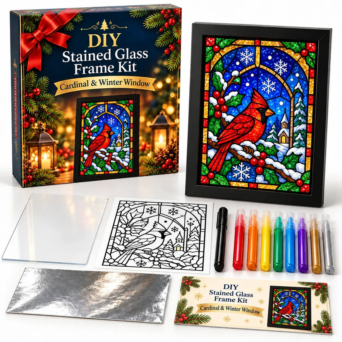 Beginner-Friendly Christmas Stained Glass-Style Frame Kit | 8 Festive Designs with Pens, Foil & Frame
