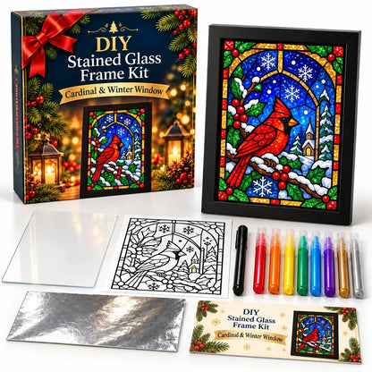 Beginner-Friendly Christmas Stained Glass-Style Frame Kit | 8 Festive Designs with Pens, Foil & Frame