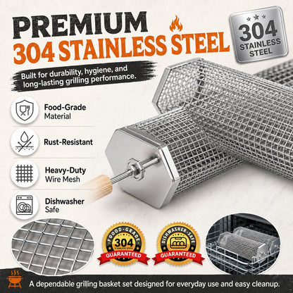 Rolling Grill Baskets (2-Pack) | No More Burnt Veggies Grill Perfectly Every Time!