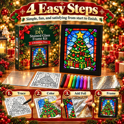 Beginner-Friendly Christmas Stained Glass-Style Frame Kit | 8 Festive Designs with Pens, Foil & Frame