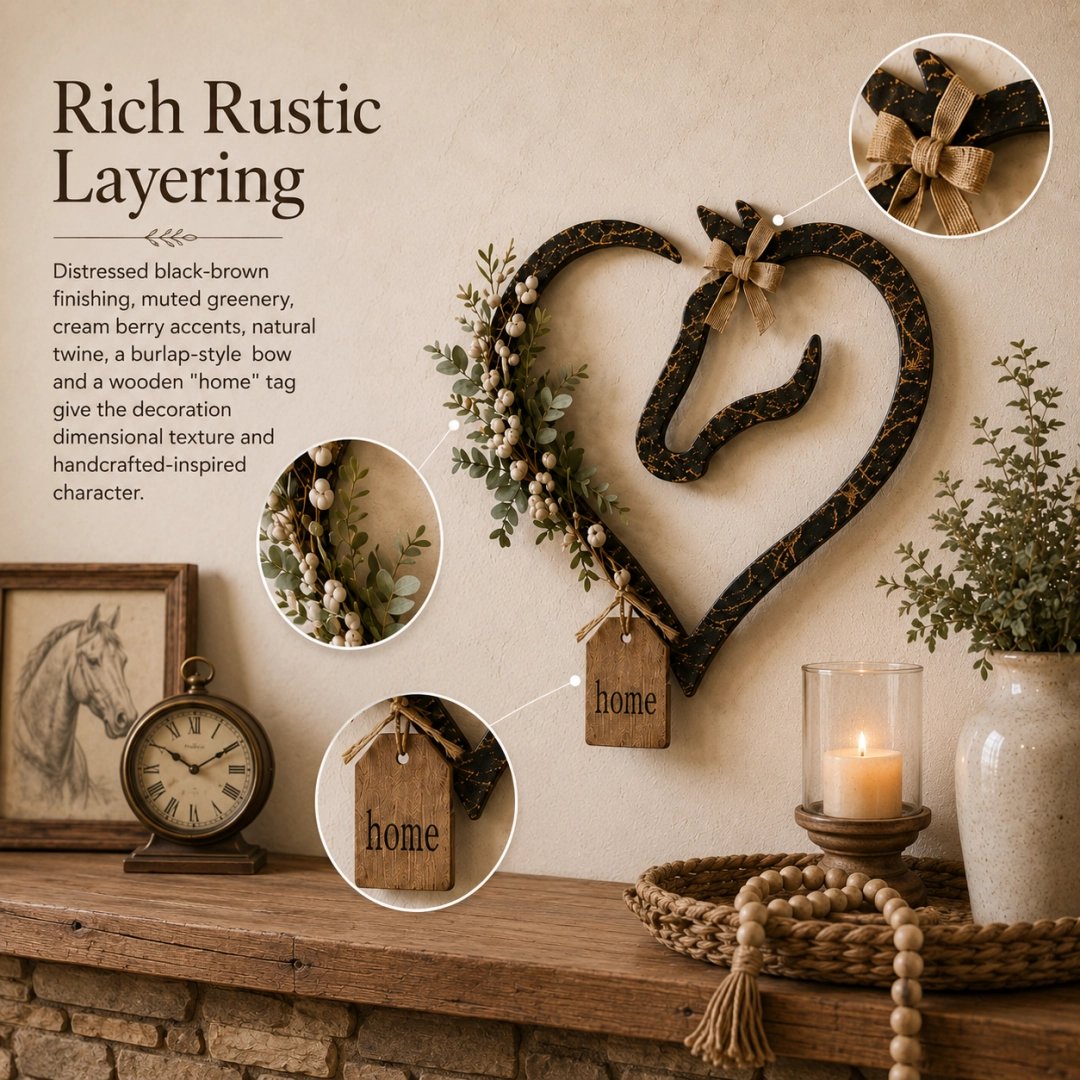 Rustic Horse Heart Wall Decor with Greenery Farmhouse Equestrian Home Accent