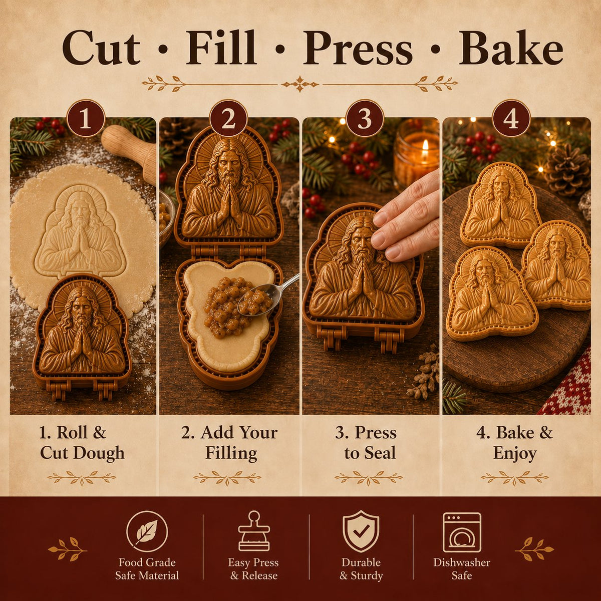 Faith & Nativity Christmas Mini Pie Mold Collection | Reusable Embossed Molds for Shaping Detailed Praying Jesus
