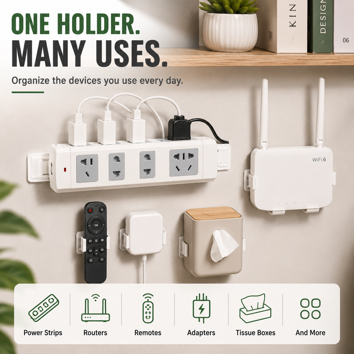 10 Counts Punch-Free Power Strip Holder Peel, Stick & Organize