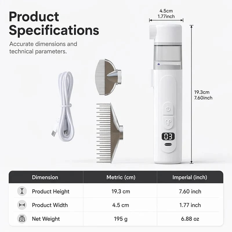 Electric Pet Hair Comb Suction & Detangling Tool, Gentle Grooming for Dogs & Cats