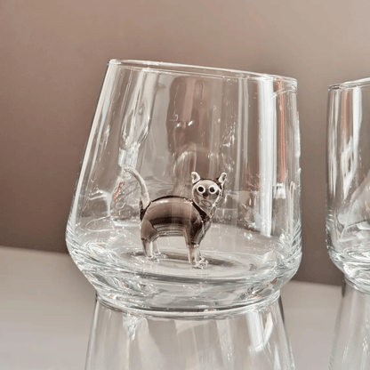 Handmade Murano-Style Cat Wine Glass Whimsical Art Glass for Cat Lovers