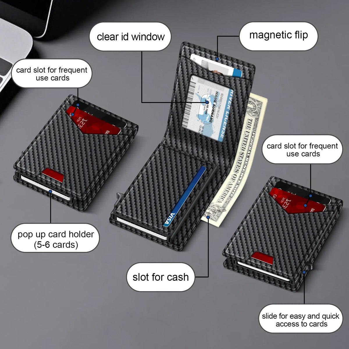 Men's RFID Minimalist Bifold Wallet - 1 ID Window, Pop Up Card Holder, Money Clip
