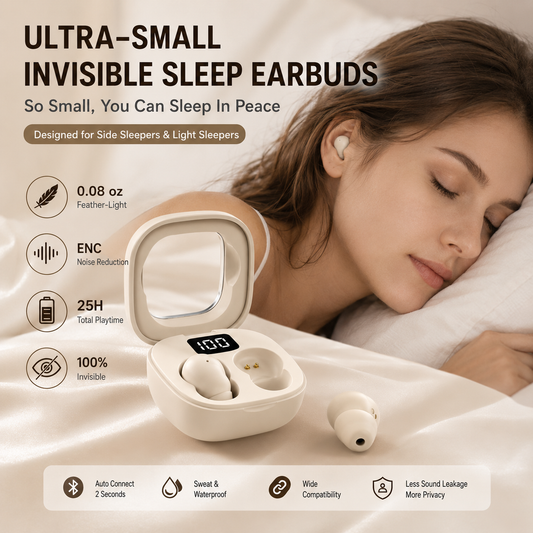 Invisible Wireless Earbuds 0.08oz, 25Hr Noise Cancelling, Side-Sleeper Comfort