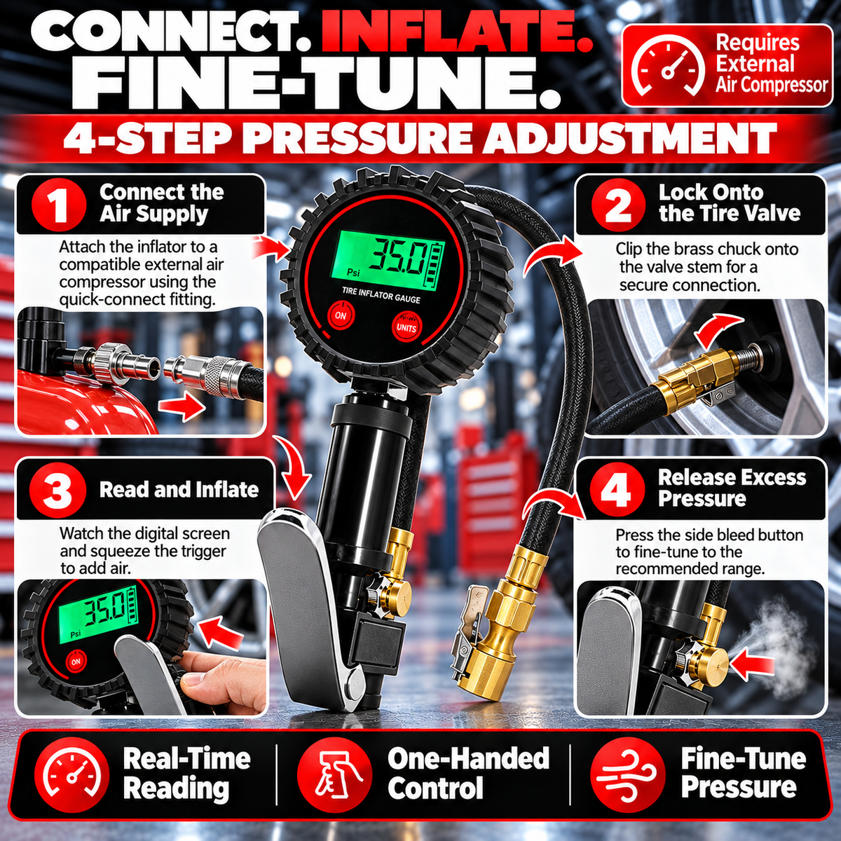 200 PSI Digital Tire Inflator Gauge 3-in-1 Air Chuck, Pressure Gauge & Bleeder