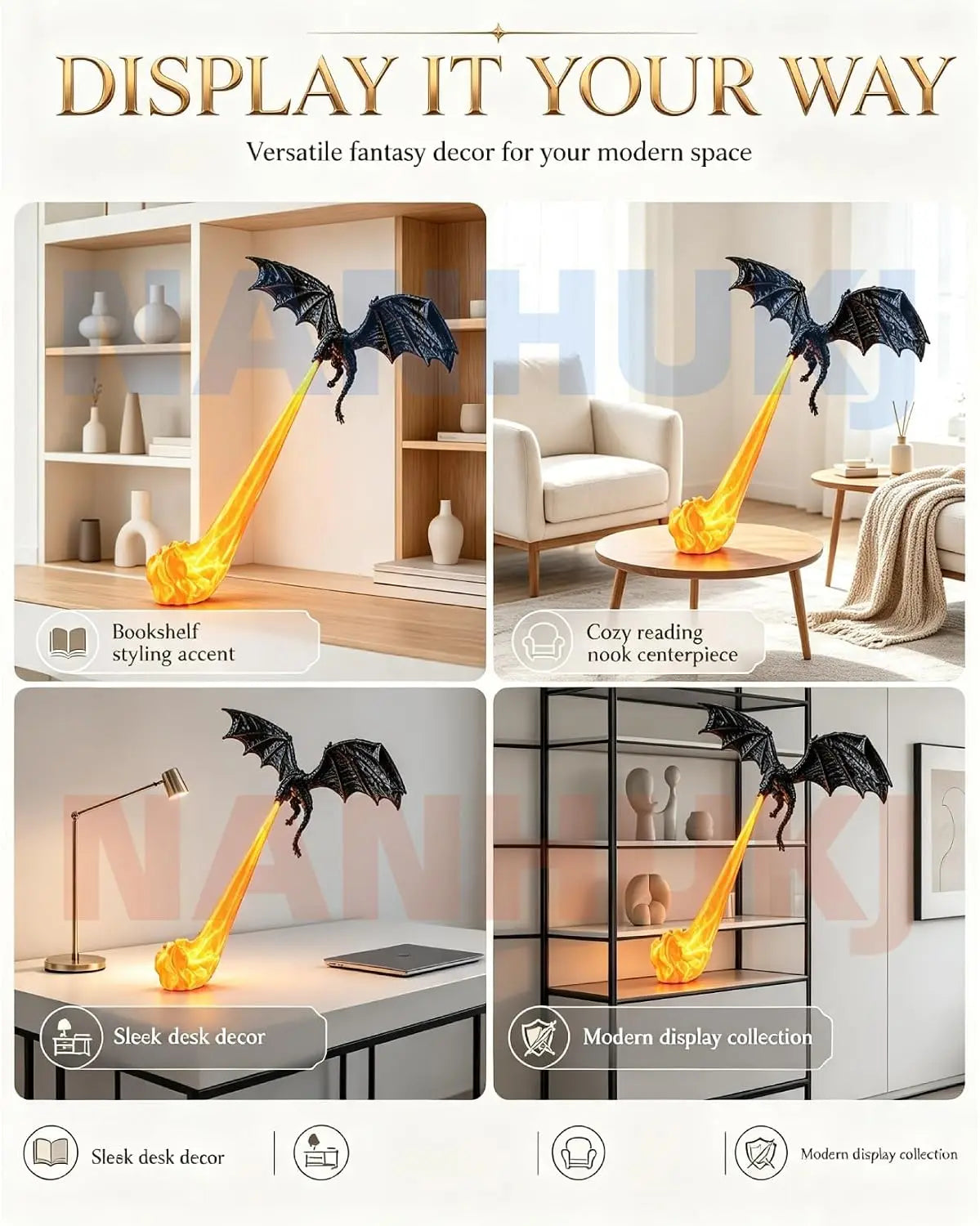 3D Printed Illuminated Dragon Flame Book Nook, Mystical Fantasy Bookshelf Decor with LED Light